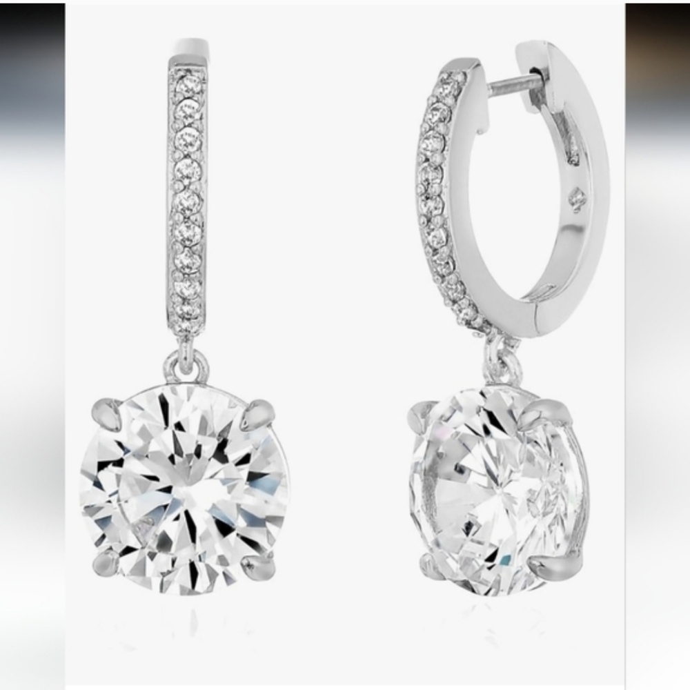 Silver Cubic Zirconia Drop Hoop Earrings - Clear
